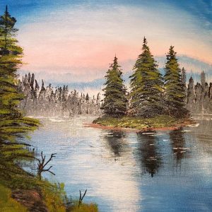 painting of forest pond